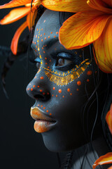  mujer con una pintura facial de color amarillo brillante observa una flor, siguiendo el estilo de tonos oscuros blancos y naranjas, con simbolismo tropical.  - obrazy, fototapety, plakaty