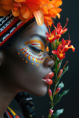  mujer con una pintura facial de color amarillo brillante observa una flor, siguiendo el estilo de tonos oscuros blancos y naranjas, con simbolismo tropical.  - obrazy, fototapety, plakaty