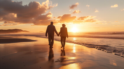 Retired Couple's Sunset Stroll