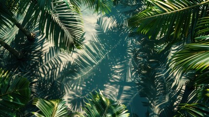 Tropical Paradise Aerial View. Palm leaves cast mesmerizing shadows on glistening water, ideal for vacation-themed ads.