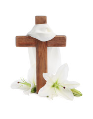 Wooden cross, cloth and lily flowers on white background. Easter attributes