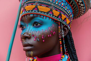  retrato de una guerrera africana  afrofuturista, con adornos coloridos y  pinturas coloridas - obrazy, fototapety, plakaty