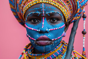  retrato de una guerrera africana  afrofuturista, con adornos coloridos y  pinturas coloridas