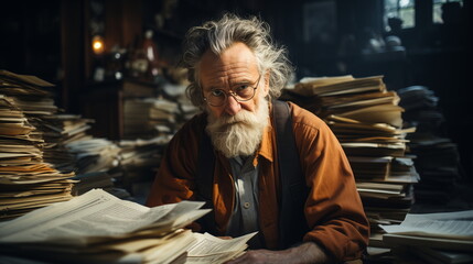 Elderly man surrounded by piles of paper in a dimly lit room. Knowledge and research concept.