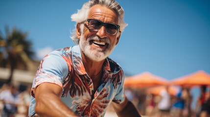 Senior man enjoying a sunny day at the beach, embodying active retirement and summer joy.