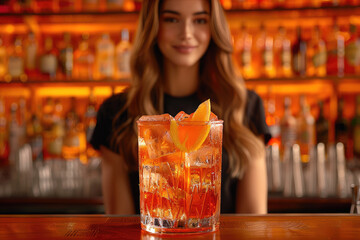 Barman preparando un cóctel con tonos anaranjados, sobre un fondo de madera en tono naranja - obrazy, fototapety, plakaty