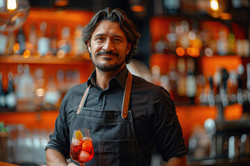 Barman preparando un cóctel con tonos anaranjados, sobre un fondo de madera en tono naranja - obrazy, fototapety, plakaty