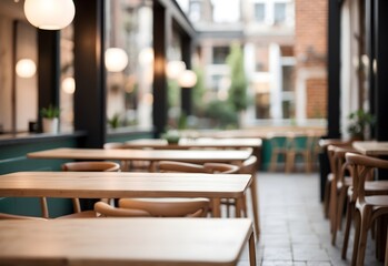 Fototapeta na wymiar Blurred image of a minimalist cafe terrace, generative AI