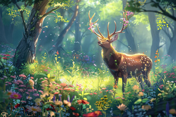 Hermoso ciervo en un bosque con flores. - obrazy, fototapety, plakaty