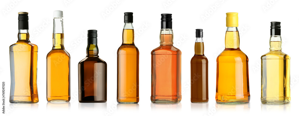 Sticker Many bottles of whiskey isolated on white, set