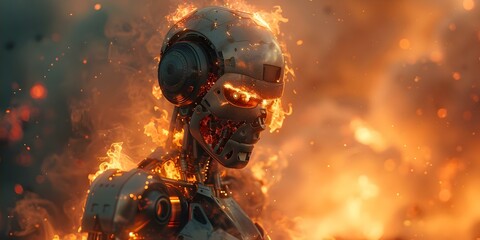 Symbolism of destruction and the end of humanity depicted by a humanoid robot engulfed in flames in a wartorn setting. Concept Post-Apocalyptic, Robotic Apocalypse, Destruction Symbolism - obrazy, fototapety, plakaty