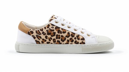 Classic white canvas sneakers with a subtle leopard print design and a hint of metallic gold.