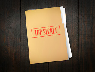 Top Secret stamp. File with documents on wooden table, top view