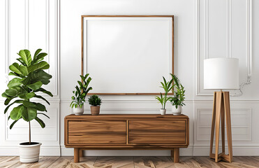 Minimalist Desk Setup Against White Wall with Vases and Framed Picture