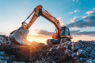 Crawler excavator, Crawler excavator during earthwork on construction site at sunset