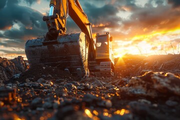 Crawler excavator, Crawler excavator during earthwork on construction site at sunset