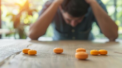 close up medicine pill on the table with a man holding his head on the table behind shows depression