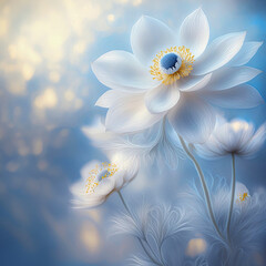 Biale kwiaty. Wiosenny zawilec. Pastelowe wiosenne kwiaty. Abstrakcje kwiatowe,. Tapeta wiosna - obrazy, fototapety, plakaty