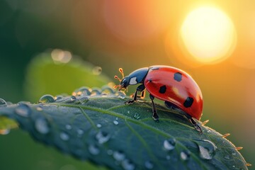 beautiful ladybug on leaf in the morning with the sun in the background