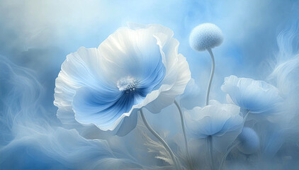 Piękne niebieskie kwiaty. Tło kwiatowe. Tapeta w maki. Pastelowe wiosenne kwiaty. Abstrakcje kwiatowe - obrazy, fototapety, plakaty