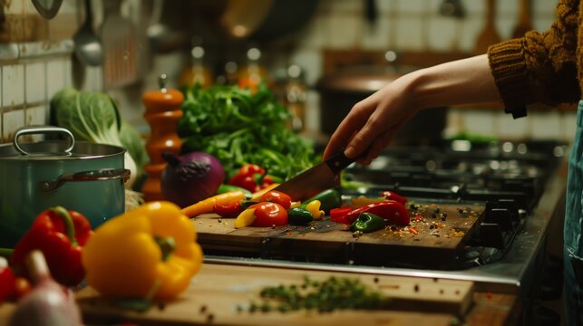 Preparing cooking, kitchen table showing hands chopping vegetables with Colorful vegetables
