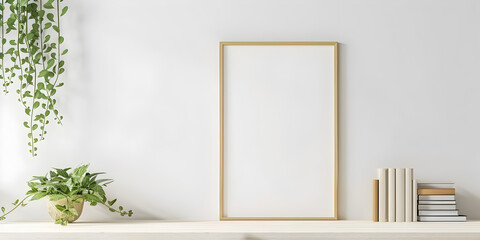 Minimalist Desk Setup Against White Wall with Vases and Framed Picture
