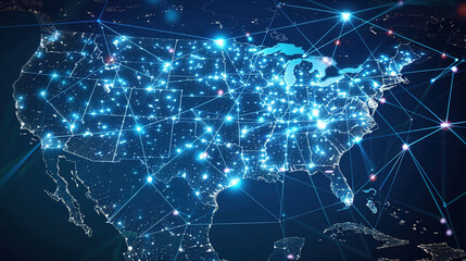 Digital map of USA, concept of North America global network and connectivity, data transfer and cyber technology, information exchange and telecommunication. Digital map for business.