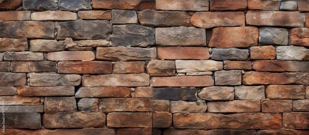 Poster a closeup of a composite material brick wall consisting of different types of rectangular bricks in 