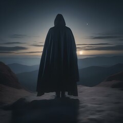A mysterious figure cloaked in shadow, standing at the edge of a moonlit clearing1 - obrazy, fototapety, plakaty