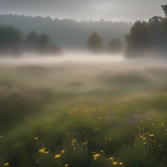 A dense fog rolling over a tranquil meadow, with tall grass and wildflowers poking through the mist1