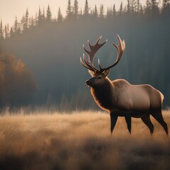 A majestic elk standing in a clearing, with a forest in the background2