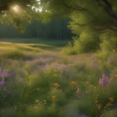 A serene meadow dotted with wildflowers, basking in the light of a setting sun1