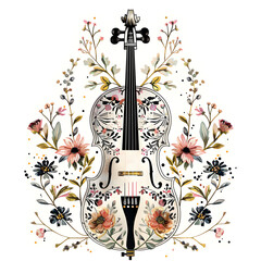 Floral and Heart Motifs Enrich Bohemian Violin Vector Art on White Background