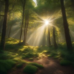 A magical forest glade illuminated by shafts of golden sunlight filtering through the canopy2 - obrazy, fototapety, plakaty