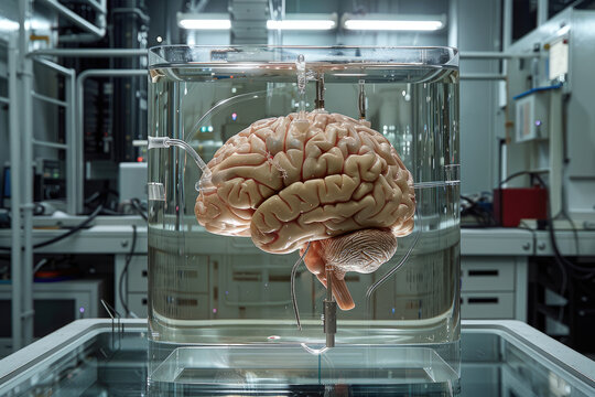Representación de un cerebro humano gigante en un laboratorio científico futurista