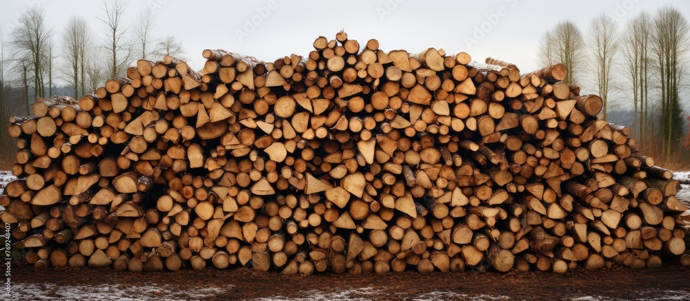 Poster a field scattered with a stack of logs, surrounded by trees in the background
