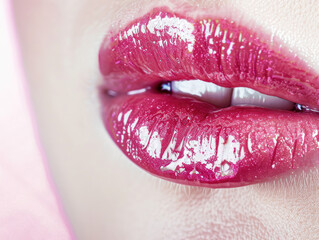 Detalle de labios brillantes rosas