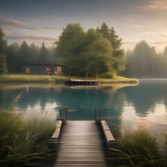 A peaceful lakeside scene with a wooden dock stretching out into calm waters1 - obrazy, fototapety, plakaty