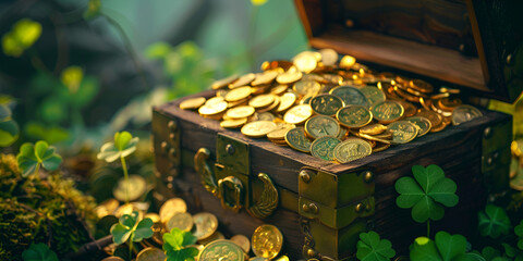 An open Treasure Chest filled with a lot of with gold coins and gems in ancient ruins in the jungle