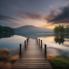 Fototapeta na wymiar A peaceful lakeside scene with a wooden dock stretching out into calm waters2