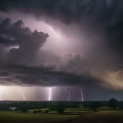 A dramatic thunderstorm with dark clouds, lightning, and rain sweeping across the landscape1