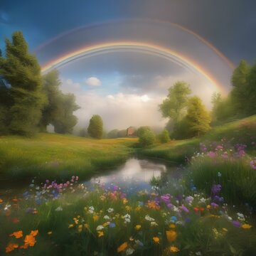 A peaceful meadow filled with blooming flowers, with a rainbow stretching across the sky2