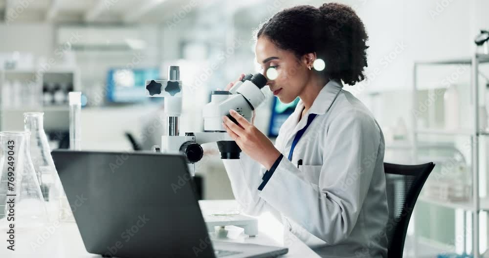 Poster African woman, microscope and laboratory for science with laptop, thinking and check for results. Person, scientist and data analysis for sample, bacteria or particles with computer in lab with ideas