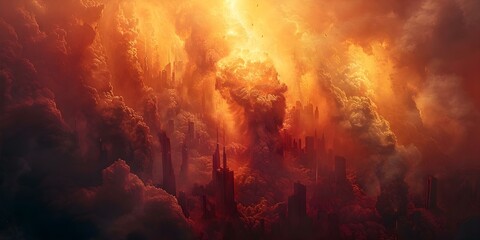 Destructive nuclear explosion in a city illustrating the dangers of atomic warfare and environmental devastation. Concept nuclear warfare, environmental devastation, city destruction - obrazy, fototapety, plakaty