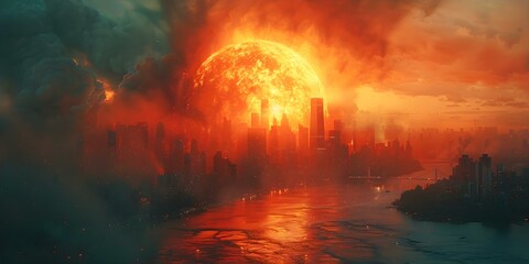 The Devastating Impact of a Nuclear Explosion in a City: Highlighting the Dangers of Atomic Warfare and Environmental Destruction. Concept Nuclear Explosion, Atomic Warfare