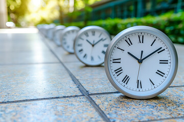 A line of white clocks on a sidewalk leading towards a lush garden with sunlight filtering through