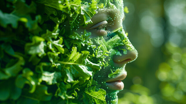 A digital landscape where data streams form images of essential nutrients, flowing into a human avatar, depicting a future where nutrition is precisely tailored to individual needs
