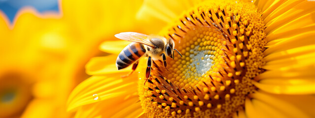 Close-Up of Honeybee on Sunflower in Bloom