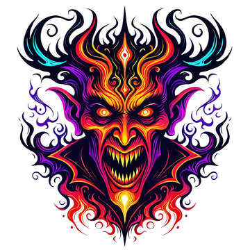 A colorful and detailed face of an evil looking person, resembling a devil or a demon. The face is painted with a combination of red, blue, and yellow colors, giving it a demonic appearance.