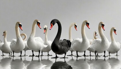 One black swan in a flock of white swans illustrating an anomaly or oddity